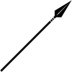 Spear icon, black color flat illustration with sharp, angular head, angled vector graphic with isolated background.