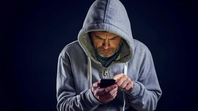 Suspicious man in a grey hoodie intensely using smartphone in darkness, concept of hacker identity theft cyber crime online fraud and illegal activities with hidden face and secretive behavior

