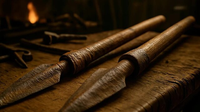 Iron Spearheads Wooden Table Hand Forged Ancient