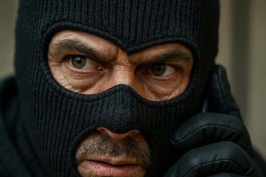 A man wearing a black ski mask talking on a cell phone