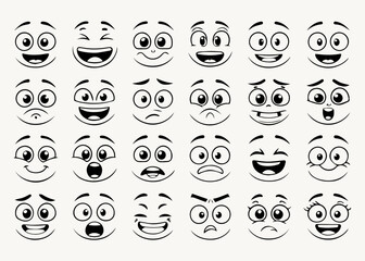 Cartoon retro faces. Vintage emotional face with mascot characters funny faces , eyes and mouths elements