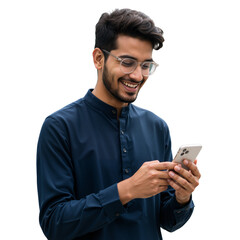 Professional businessman holding smartphone in his hands, looking at his mobile phone outdoors, isolated on a transparent background PNG.