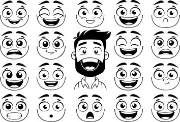 Cartoon retro faces. Vintage emotional face with mascot characters funny faces , eyes and mouths elements