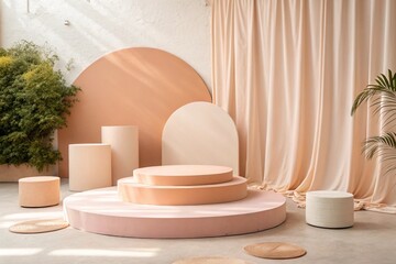 Abstract peach background with geometric shapes and platforms