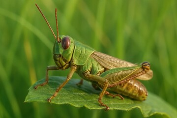 A green grasshopper sitting on top of a green leaf