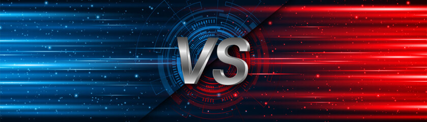 Versus between red and blue on dark background. Background concept for gaming and other competitions with empty space for design. Letter VS for a two-team match.	