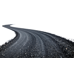 A winding gravel road disappearing into a dark and shadowy distance isolated on transparent background