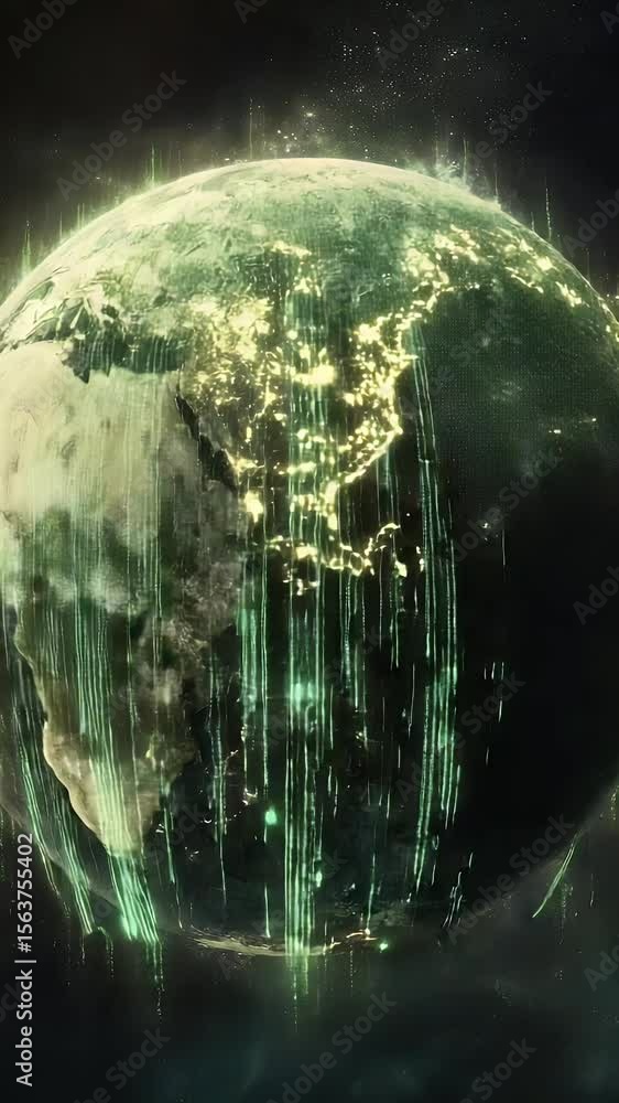 Poster green illuminated planet with data streams in space showcasing technology and global connectivity wi
