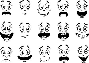 Cartoon retro faces. Vintage emotional face with mascot characters funny faces , eyes and mouths elements