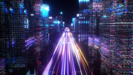 Futuristic Cityscape at Night Vibrant Neon Skyscrapers and Dynamic Light Trails Create Digital Aesthetic of Motion and Energy in Glowing Urban Landscape
 - Powered by Adobe