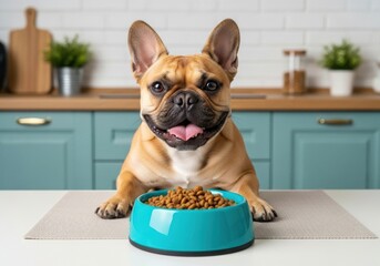 Happy bulldog eating food in bowl kitchen pet dog food nutrition canine