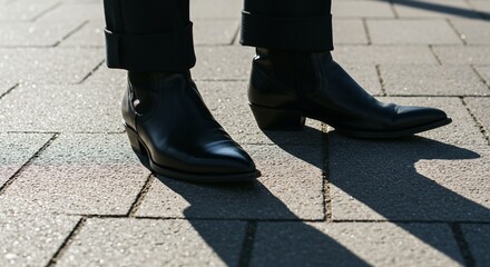 Polished Black Boots Cast Shadows on Pavement
