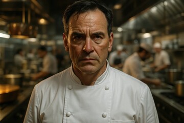 Obraz premium A man in a chef's uniform standing in a kitchen