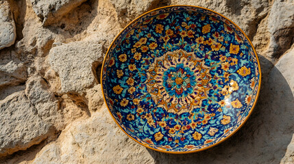 Obraz premium Ornate hand-painted ceramic bowl, vibrant floral and geometric patterns, rests on ancient stone wall. Captures artistry and cultural heritage.