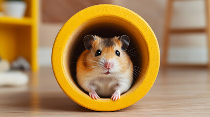 Adorable hamster peering from a yellow tube, cute pet, home interior, wooden floor, shallow depth of field.