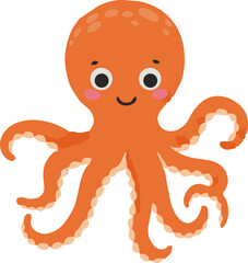 A cute, funny cartoon octopus character swims happily in the blue ocean