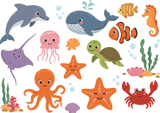 Fototapeta Cute cartoon sea animals like fish, octopus, and sharks form a seamless vector pattern perfect for an ocean-themed collection