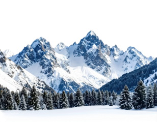 Snowy mountain range with pine trees under a clear blue sky in winter isolated on transparent background