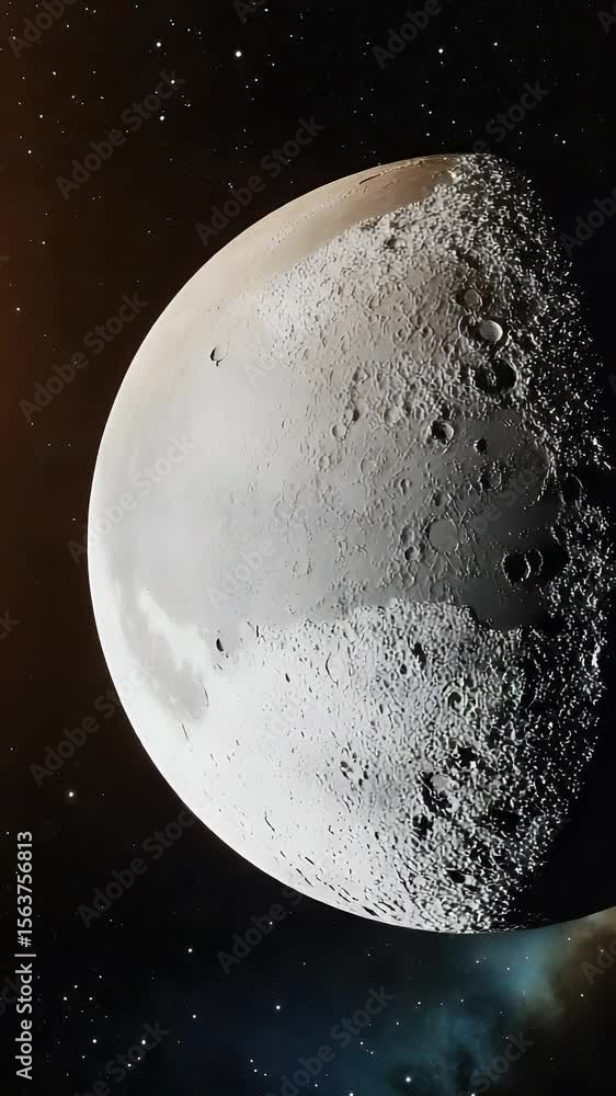 Poster digital illustration of a planet in space with a half-illuminated surface against a backdrop of star