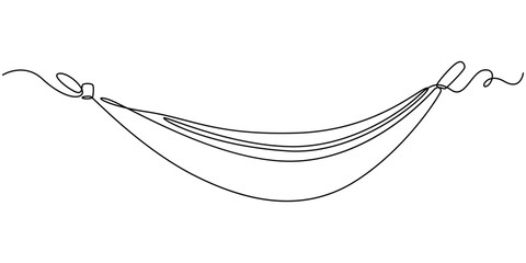 Hammock hung on trees continuous one line drawing. Relax concept minimalist style single line design. Vector illustration, editable stroke, continuous one line art drawing of a hammock illustration.