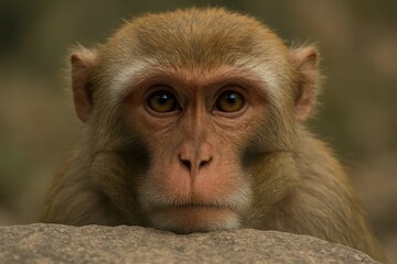 Obraz premium A monkey sitting on top of a large rock