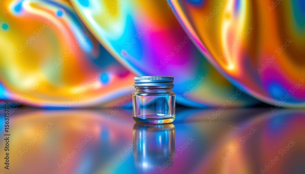 Aufkleber the image features a small, clear jar with a silver lid, placed on a surface that has a vibrant, mul