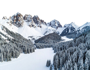 Aerial view of snow covered mountains and forest in winter landscape isolated on transparent background