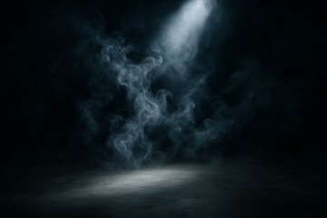 Fototapeta premium A spotlight illuminates a smoky dark studio scene with a textured floor