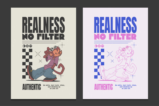 retro 90s poster or graphic t-shirt design with a funny monkey cartoon character, vector illustration