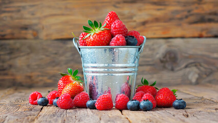 Summer garden harvest in a metal bucket on a rustic table.