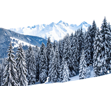 Snow covered pine trees with snowy mountains in the background scene isolated on transparent background