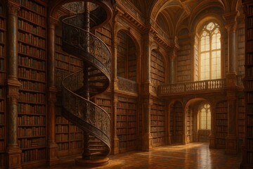 Fototapeta premium A spiral staircase in a library filled with lots of books