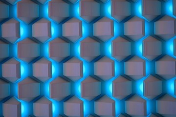 Geometric hexagonal pattern with soft blue ambient lighting creating a futuristic and abstract visual effect