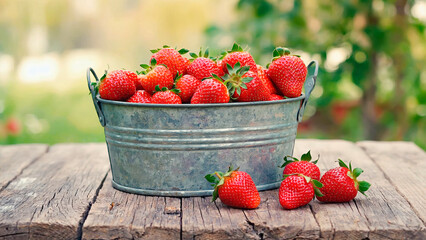 Fresh ripe strawberry bucket on rustic wooden table, greenery background. Natural berries, summer mood.