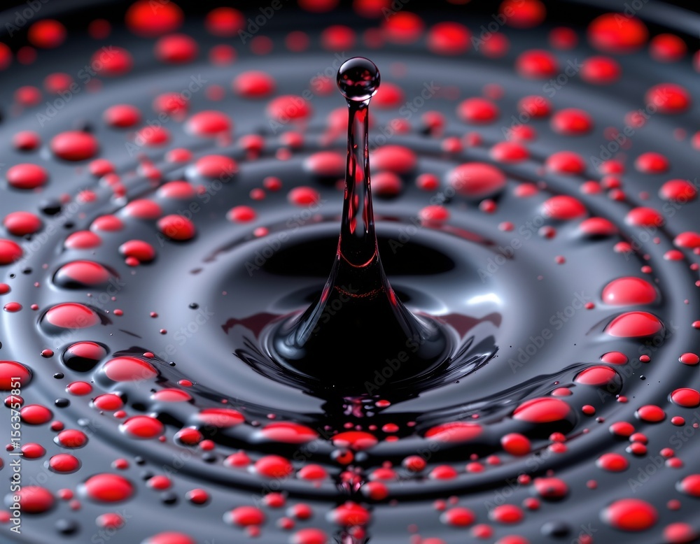 Poster the image shows a close up of a droplet splashing into a dark background thats filled with small red