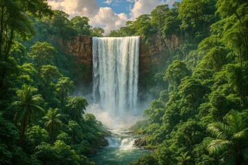 A large waterfall in the middle of a lush green forest