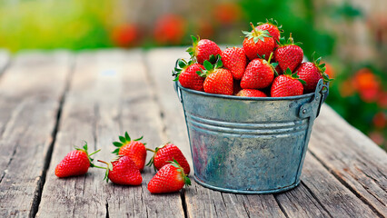 Fresh ripe strawberry bucket on rustic wooden table, greenery background. Natural berries, summer mood.