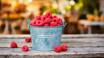 Summer garden harvest. Juicy raspberries in a metal bucket on a rustic table.