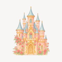 Fototapeta premium Whimsical fairytale castle illustration.