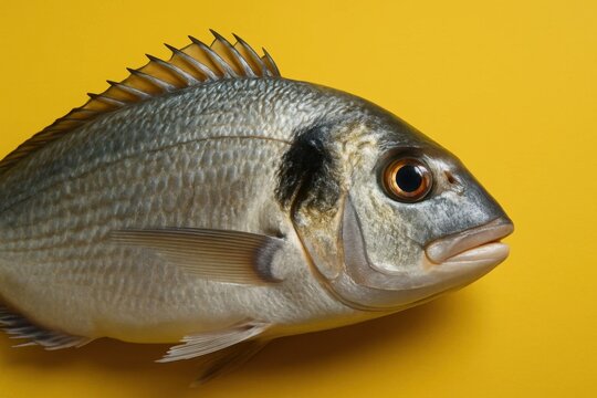 A close up of a fish on a yellow background