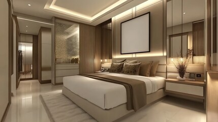 Luxurious bedroom interior design with modern features.