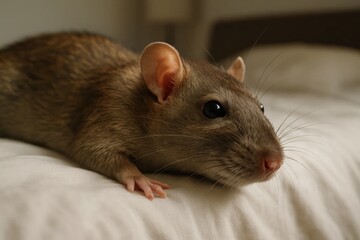 A brown rat sitting on top of a white bed