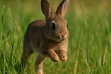 Fototapeta premium A small brown rabbit running through a field of green grass