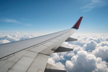 Fototapeta premium A view of the wing of an airplane flying above the clouds