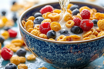 Delicious breakfast cereal with milk, raspberries and blueberries in a blue bowl.