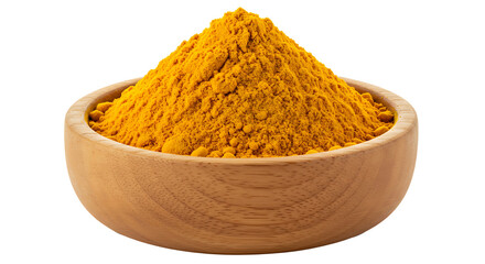 Turmeric powder in wooden bowl isolated on transparent background