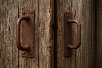 A close up of a rusty door handle on a wooden door