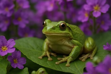 A green frog sitting on top of a green leaf surrounded by purple flowers