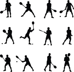 Dynamic Male Tennis Player Silhouettes Set: Various Poses with Rackets and Balls for Sports Graphics