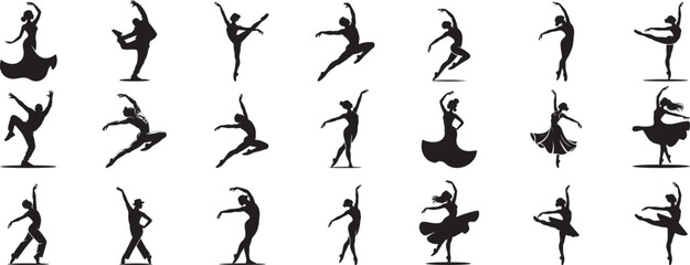 Dancers in various ballet poses silhouettes graceful